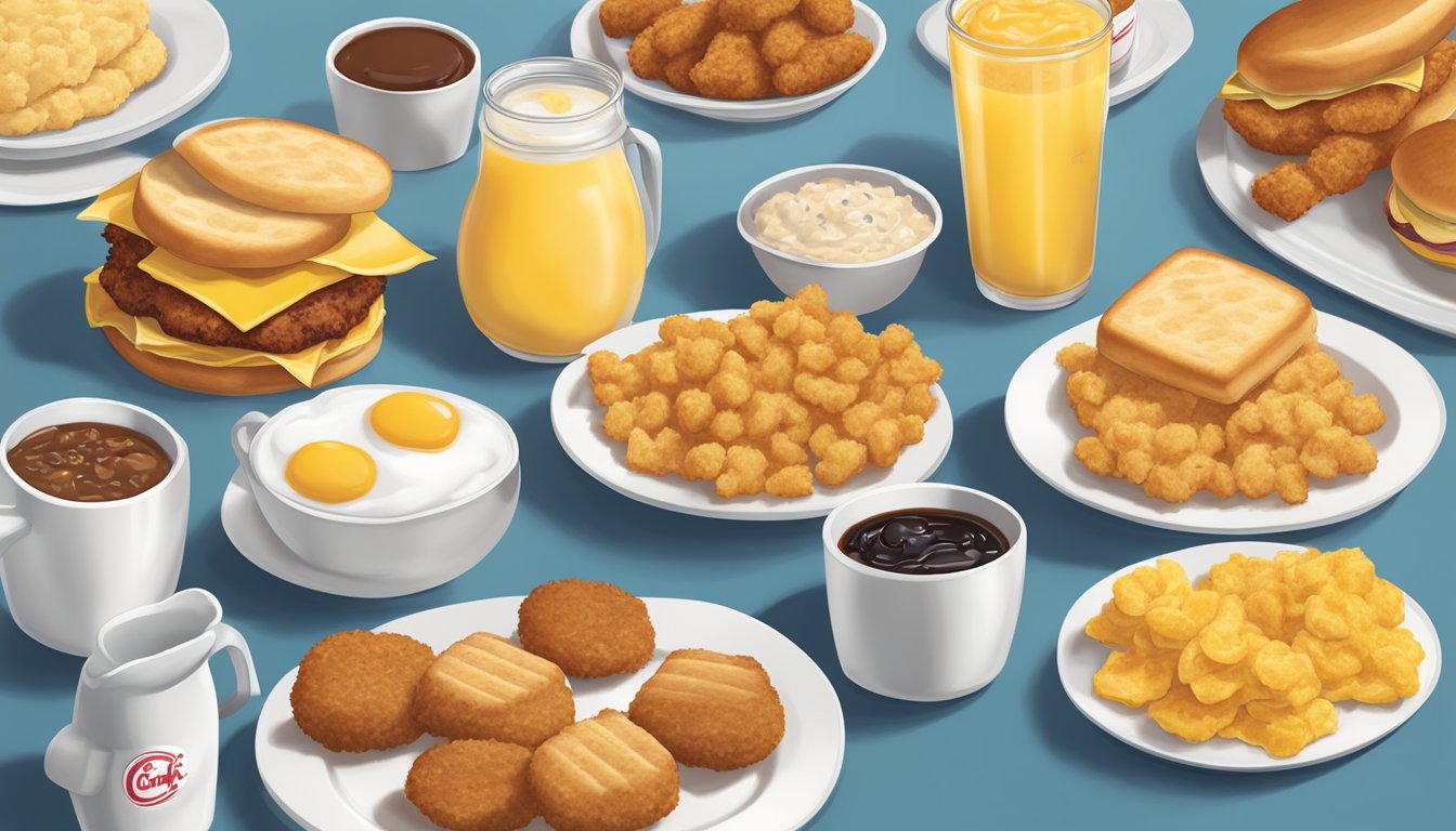 A colorful array of 9 Chick-fil-A breakfast items arranged on a table, including biscuits, chicken sandwiches, and hash browns, with steam rising from the freshly cooked food