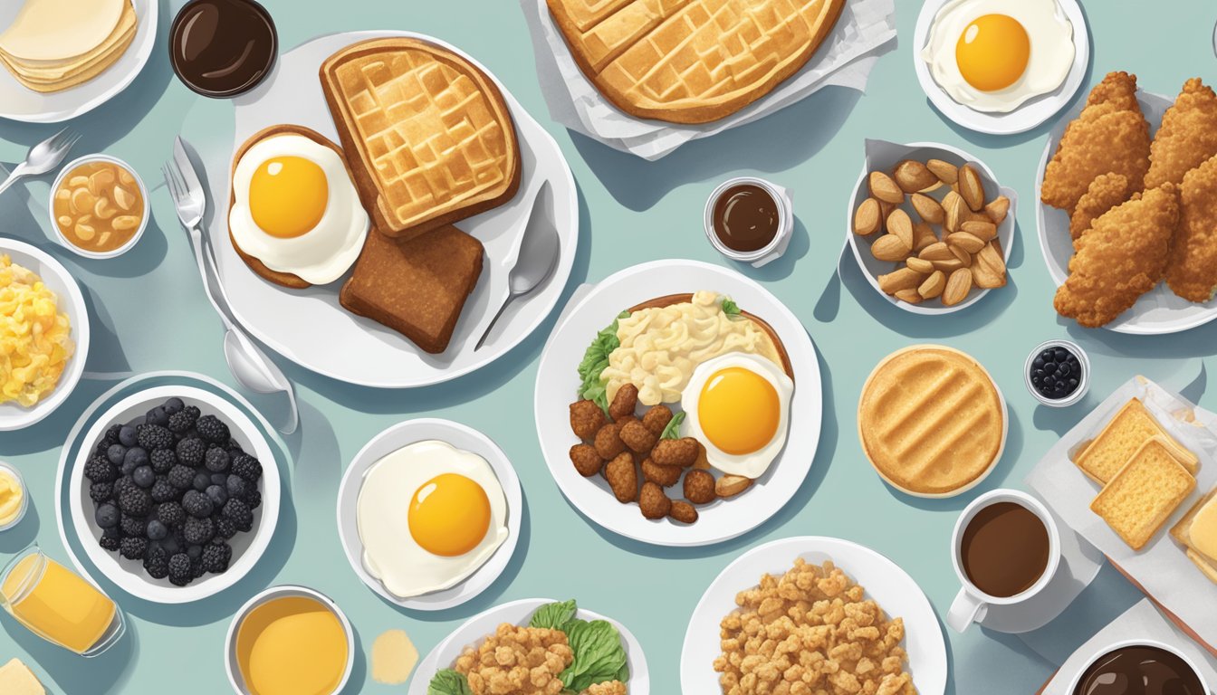 A table with a variety of Chick-fil-A breakfast items arranged neatly, surrounded by celebrity endorsements and nutritional information