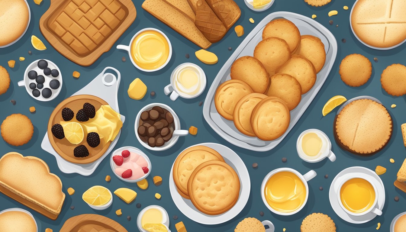 A platter of freshly baked buttered biscuits surrounded by various breakfast items