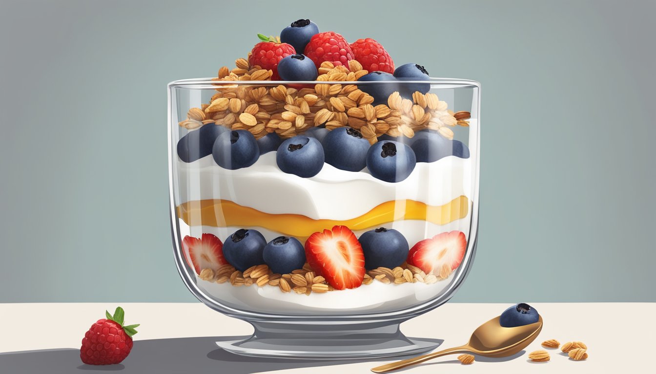 A clear glass parfait dish filled with layers of Greek yogurt, granola, and fresh berries, topped with a drizzle of honey