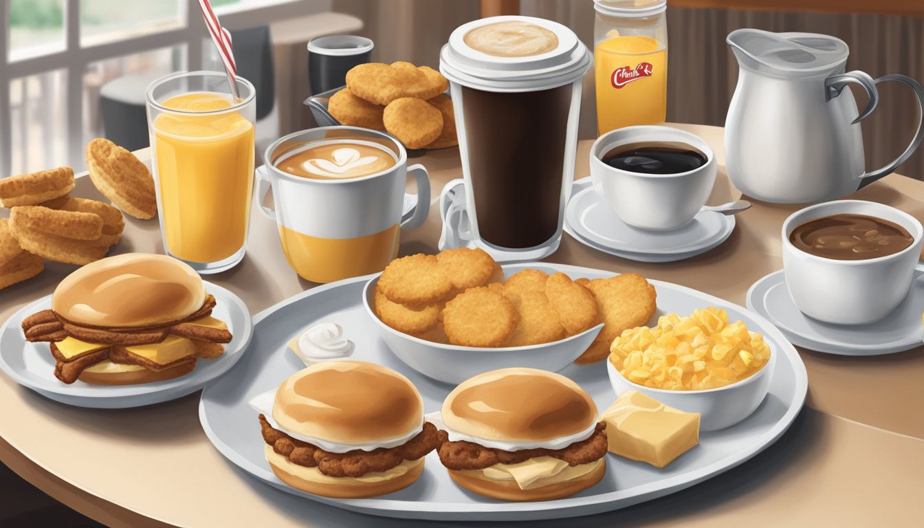 A table set with a variety of Chick-fil-A breakfast items, including biscuits, sandwiches, and coffee, with celebrity photos in the background