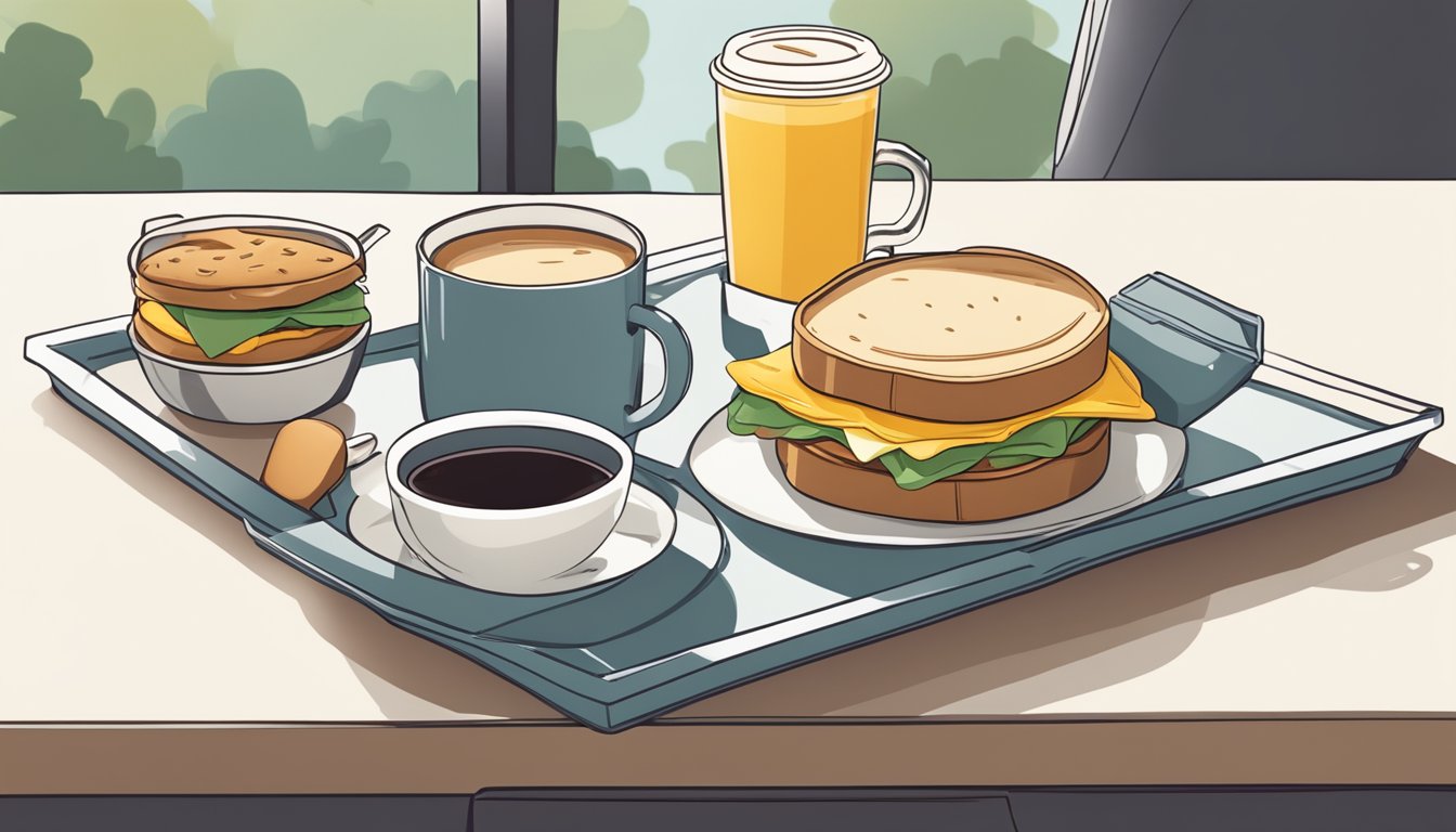 A breakfast sandwich sits on a tray next to a cup of coffee, ready for a road trip