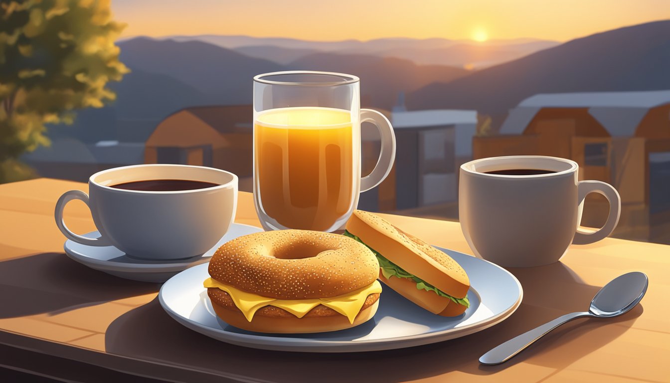 A chicken, egg, and cheese bagel sits on a plate with a cup of coffee next to it. The sun rises in the background, casting a warm glow over the scene