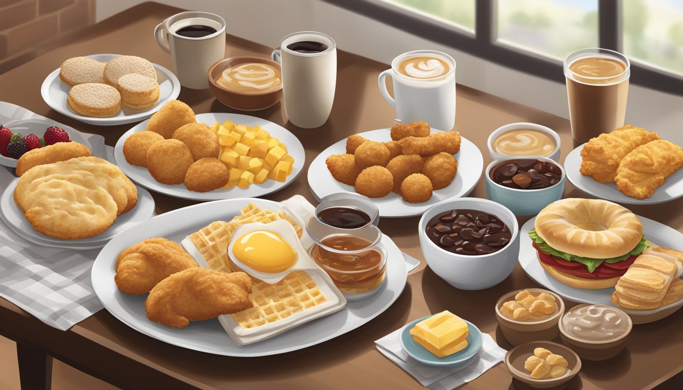 A table set with a variety of Chick-fil-A breakfast platters, including biscuits, chicken, fruit, and coffee