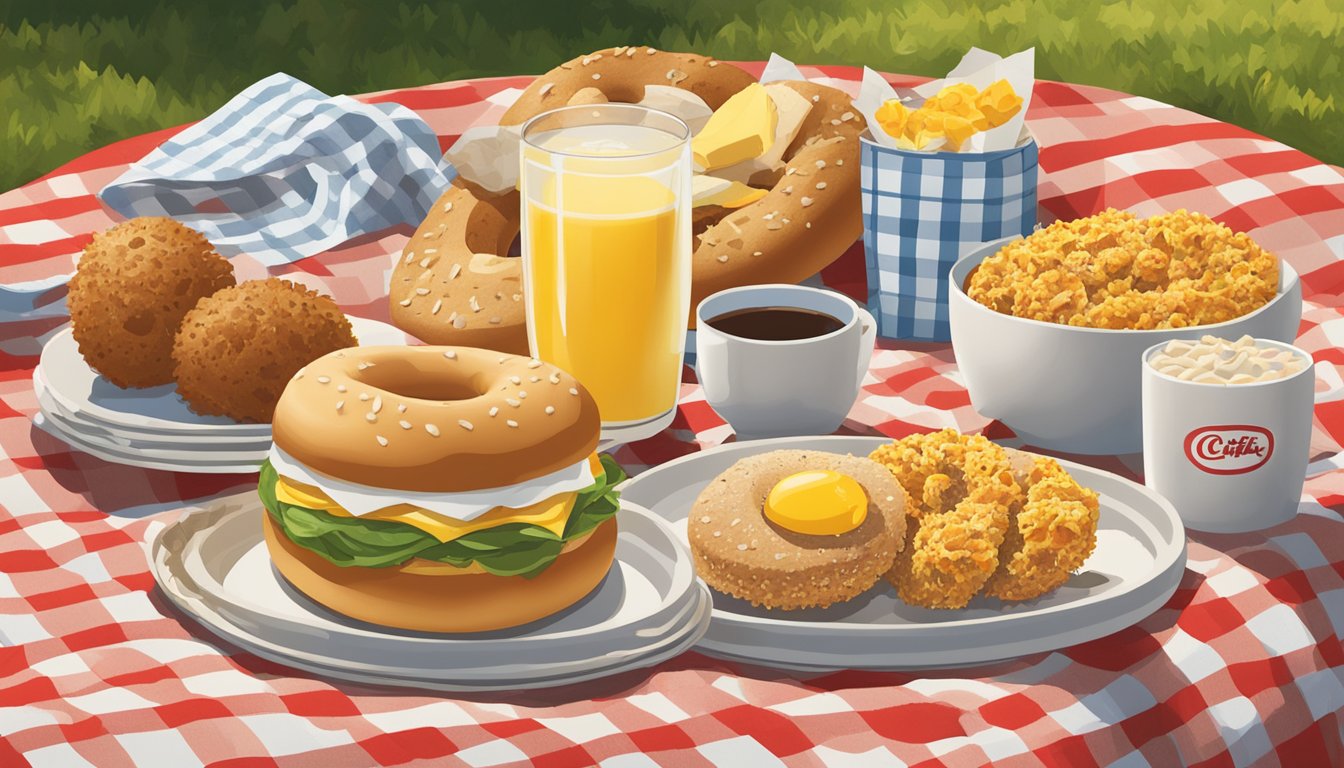 A sunflower multigrain bagel surrounded by 8 Chick-fil-A breakfast items arranged neatly on a checkered picnic blanket in a bright, sunny outdoor setting