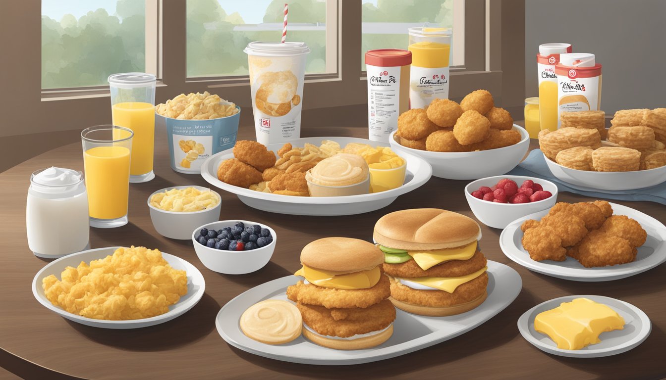 A colorful spread of Chick-fil-A breakfast items arranged on a table, including biscuits, chicken sandwiches, hash browns, and fruit cups, with nutrition facts displayed next to each item