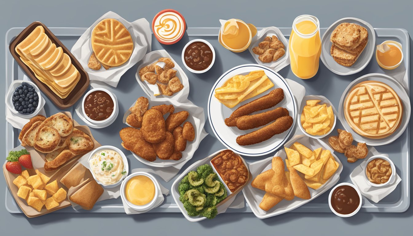 A platter with a variety of grilled breakfast items from Chick-fil-A arranged neatly for a road trip