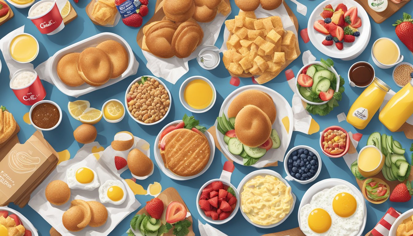 A colorful array of fresh breakfast ingredients arranged around the iconic Chick-fil-A logo