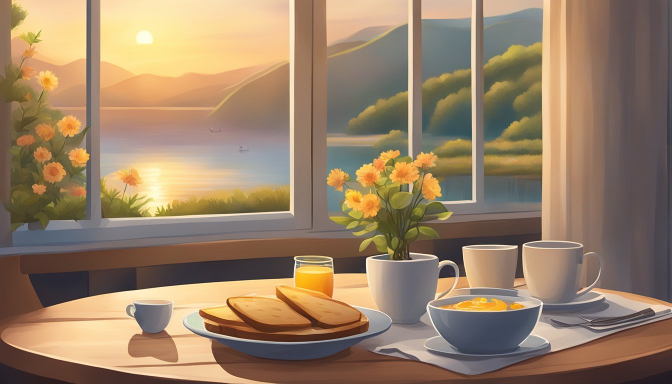 A serene morning scene with a sunrise, a cozy table set with breakfast, and a peaceful atmosphere