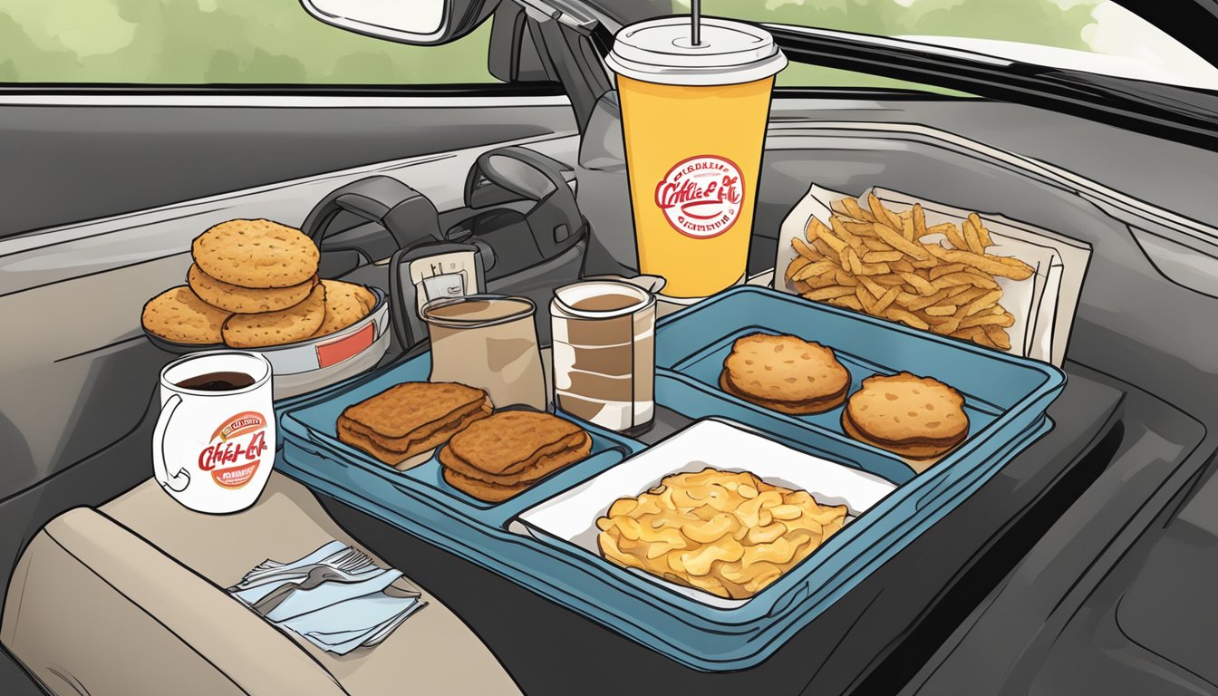 A car dashboard with a tray of Chick-fil-A breakfast items, including biscuits, hash browns, and coffee, ready for a road trip