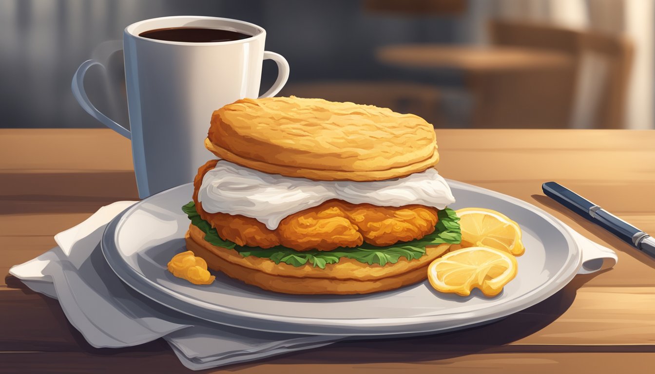 A golden, flaky biscuit sandwich overflowing with a juicy, fried chicken breast, accompanied by a steaming cup of coffee on a table