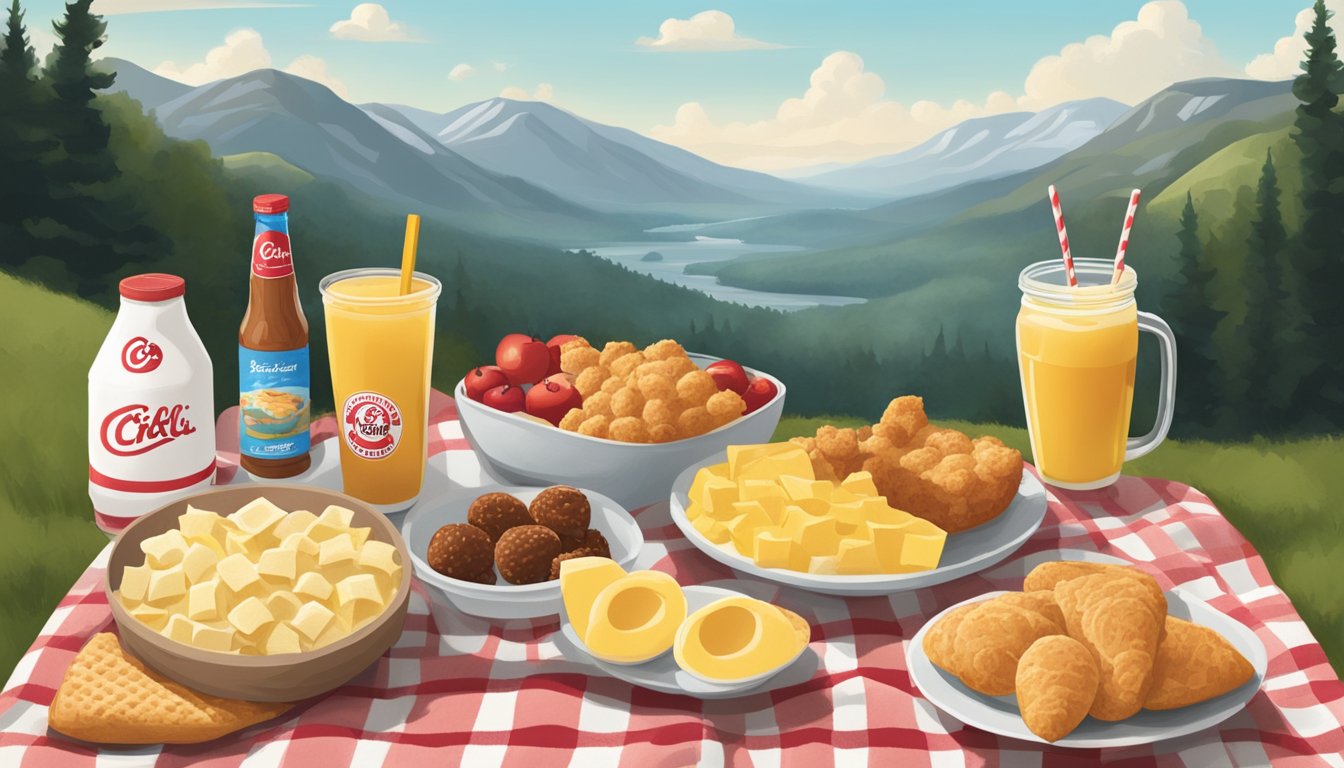 A picnic blanket with a variety of Chick-fil-A breakfast items laid out, surrounded by a scenic road trip backdrop of mountains and trees