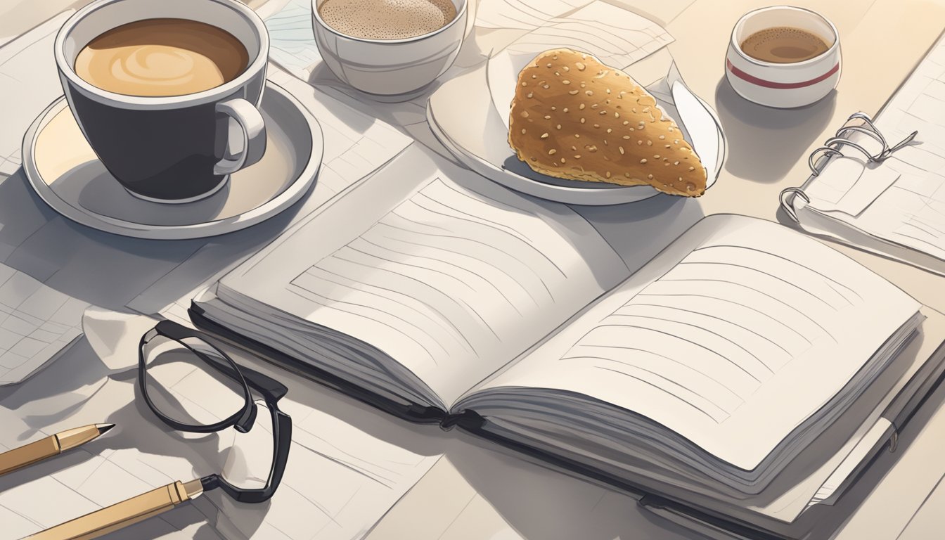 A coffee cup surrounded by a notebook, pen, and breakfast items from Chick-fil-A, set against a serene morning backdrop