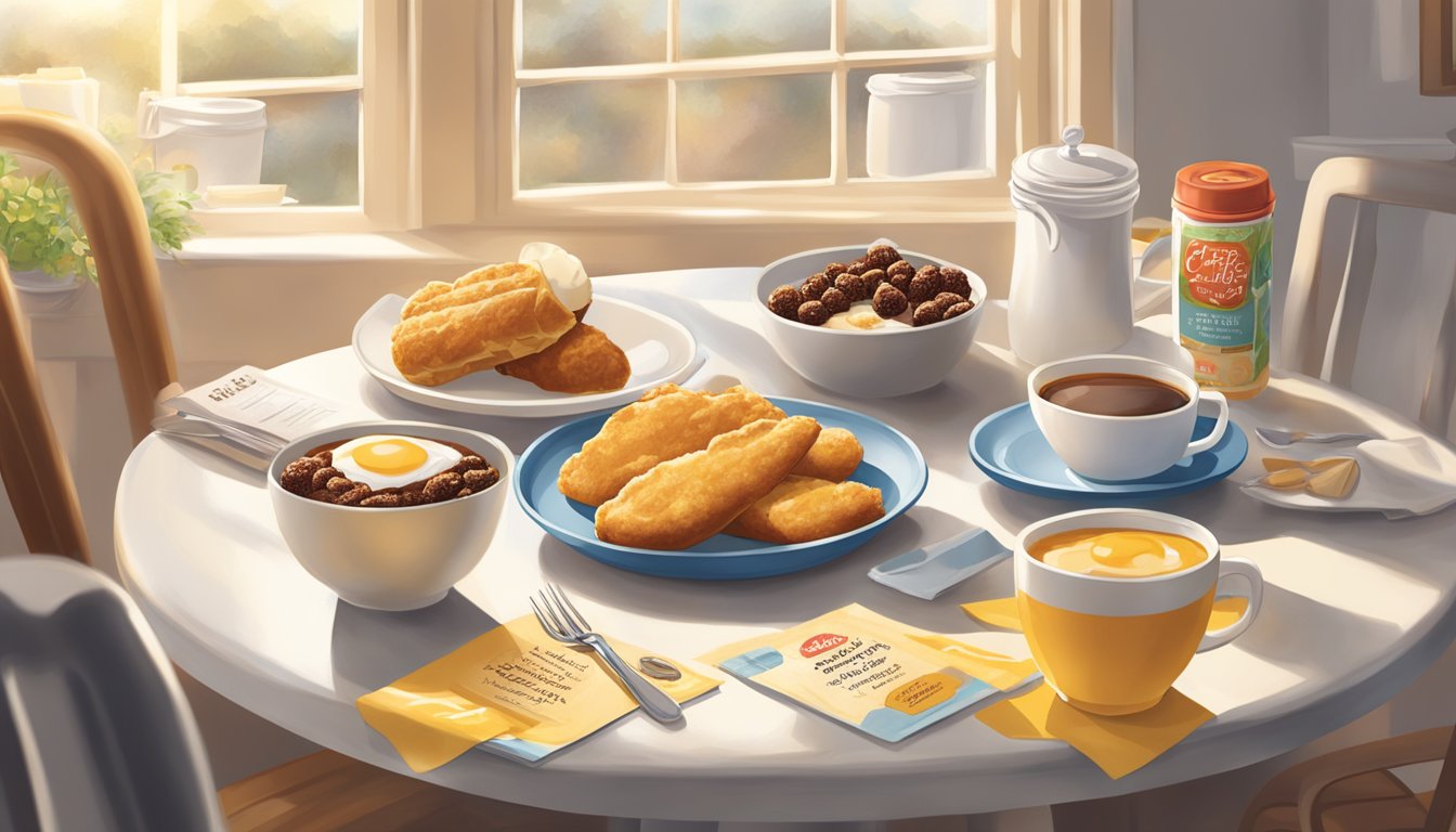 A table set with a morning spread of Chick-fil-A breakfast items surrounded by motivational quotes and affirmations. Sunrise streams through a window, casting warm light on the scene