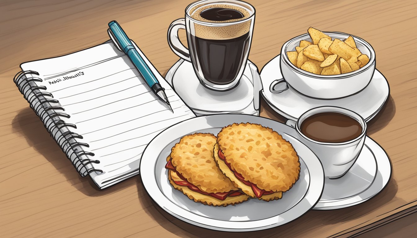 A table set with a variety of Chick-fil-A breakfast items, including biscuits, hash browns, and coffee, with a planner and pen next to the plate