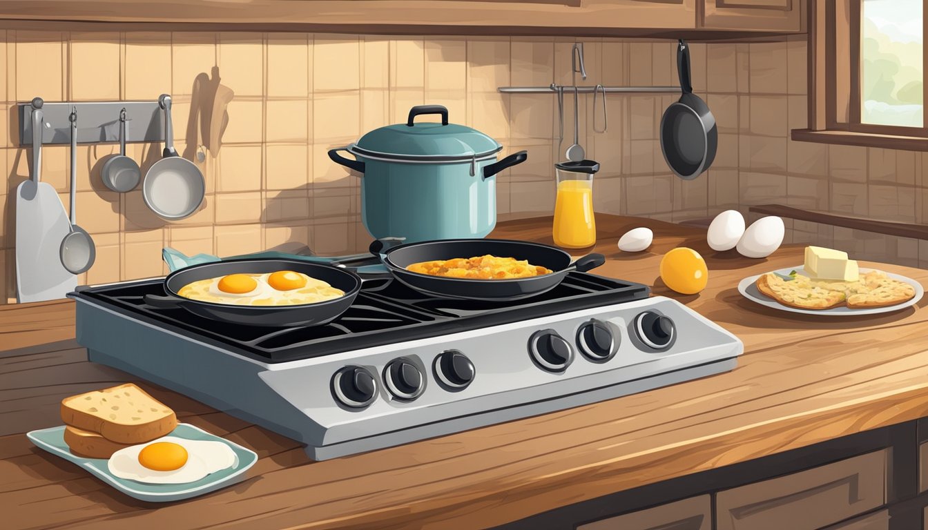 A cozy kitchen with a stove, frying pan, and ingredients like eggs, chicken, biscuits, and cheese laid out on a wooden countertop