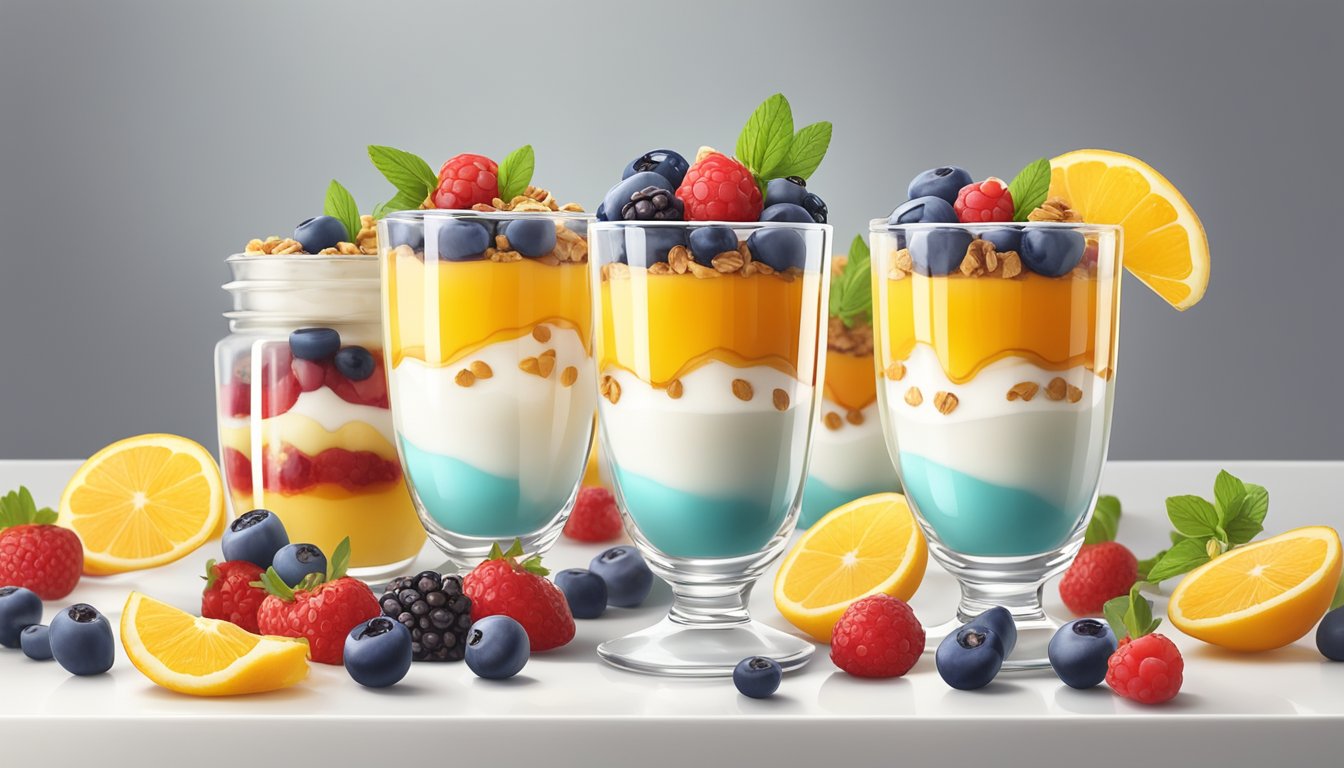 A colorful parfait glass filled with layers of yogurt, granola, and fresh berries, topped with a dollop of honey, placed on a clean, white table