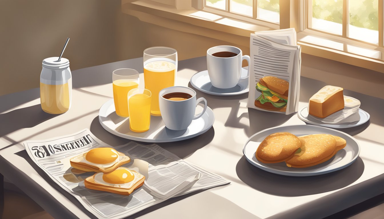 A table set with a newspaper and Chick-fil-A breakfast items, surrounded by morning sunlight streaming through a window