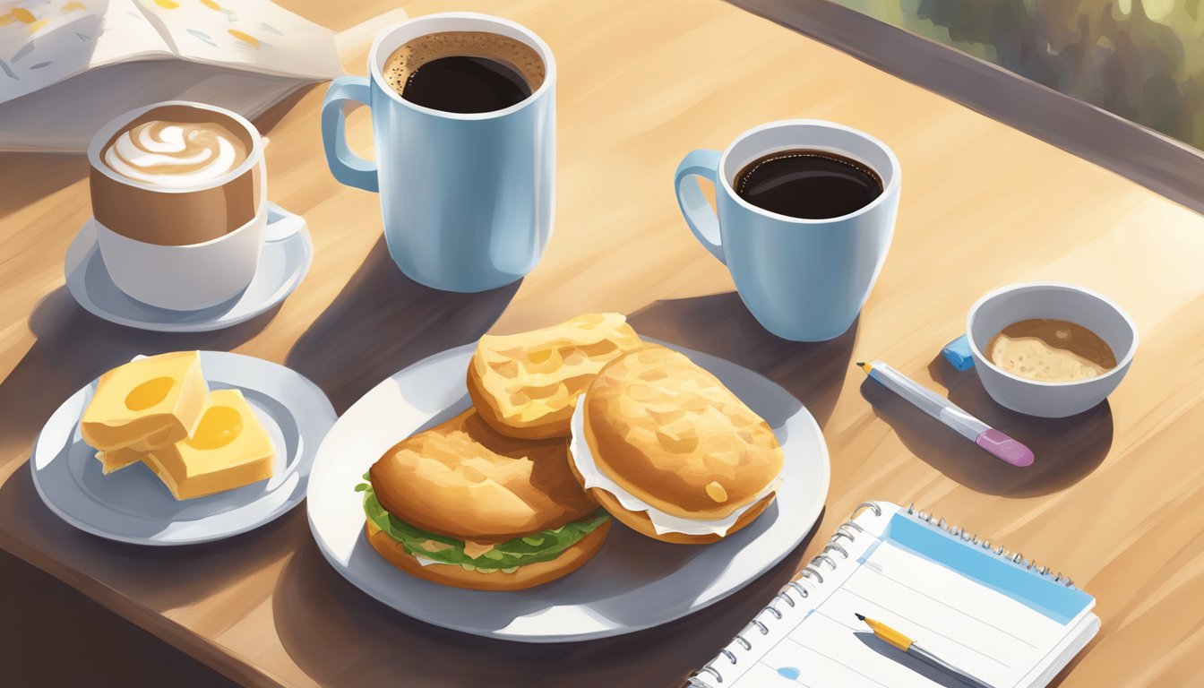 A table set with a Chick-fil-A breakfast spread: coffee, chicken biscuits, and a planner, with morning light streaming in through a window