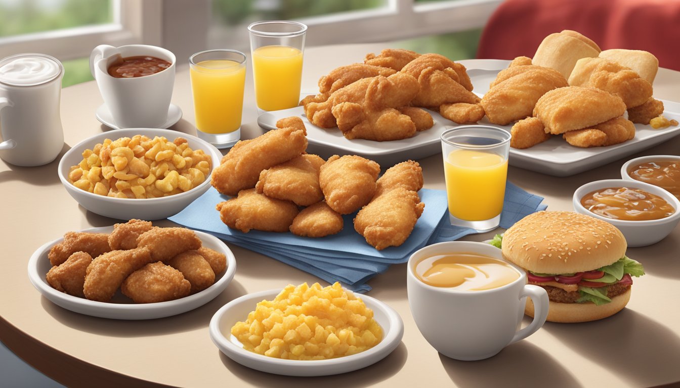 A colorful spread of Chicken Minis and other breakfast items on a table, with the Chick-fil-A logo in the background