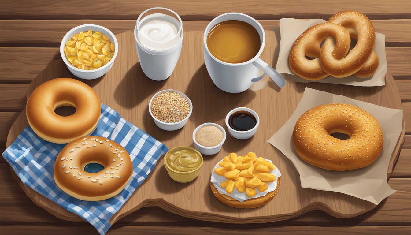 A colorful array of sunflower multigrain bagels and seven Chick-fil-A breakfast items arranged on a rustic wooden table