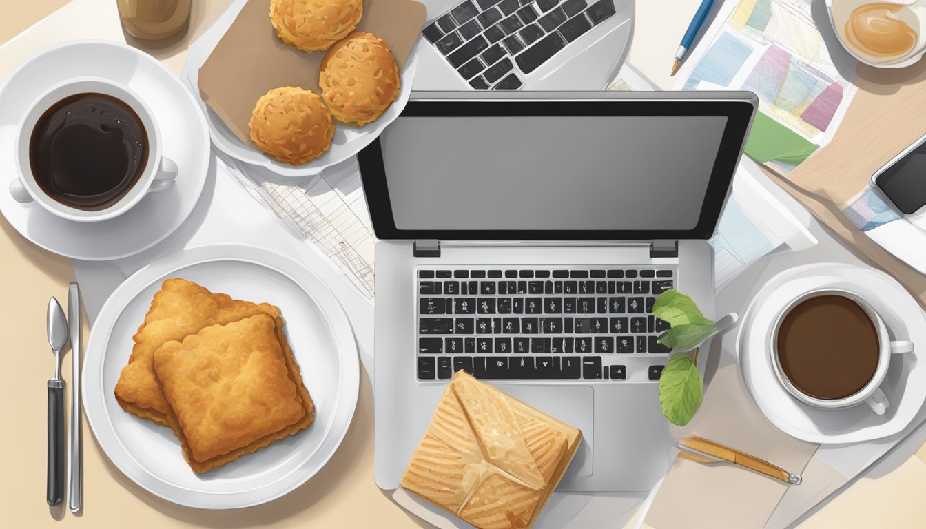 A table set with a Chick-fil-A breakfast spread, including a chicken biscuit, fruit cup, and coffee, surrounded by notebooks and a laptop