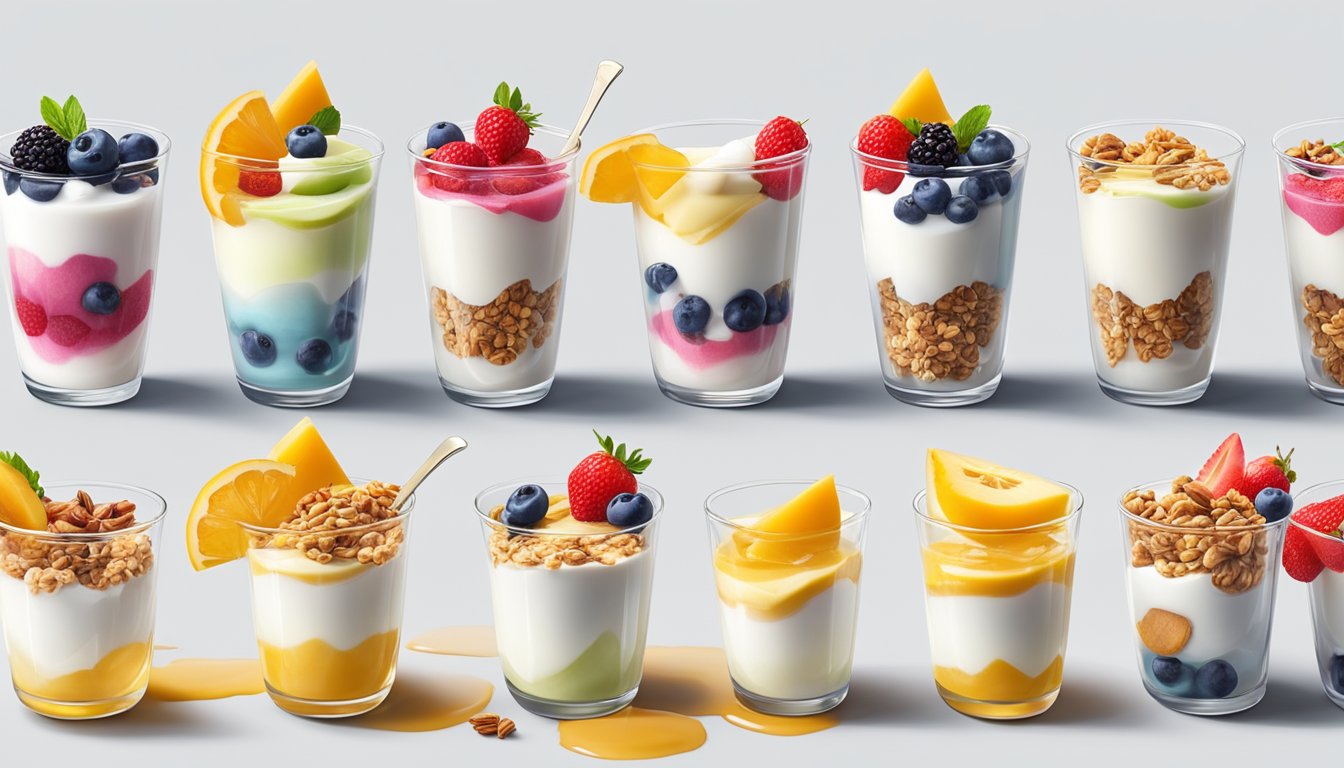 A colorful array of Greek yogurt parfaits arranged in a line, surrounded by fresh fruits, granola, and honey drizzles on a clean, white background