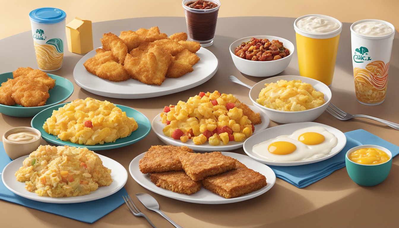 A table filled with various breakfast items, including the new Hash Brown Scramble, surrounded by vibrant and colorful packaging from Chick-fil-A's evolving breakfast menu