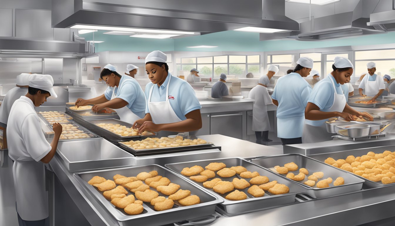 The Chick-fil-A kitchen bustling at dawn, as workers prepare trays of freshly baked Chick-n-Minis for breakfast service