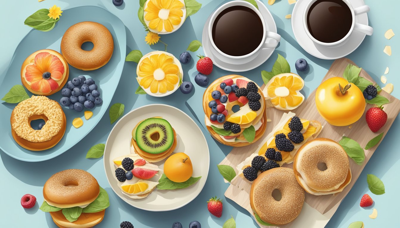 A table spread with 13 different variations of Sunflower Multigrain Bagel breakfast sandwiches, surrounded by colorful fruits and a steaming cup of coffee