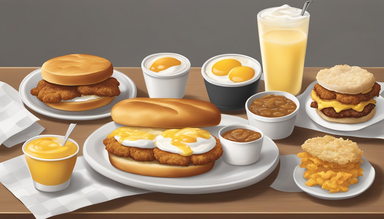 A table set with a variety of Chick-fil-A breakfast items, including chicken biscuit, egg white grill, and hash browns, arranged in an appetizing display