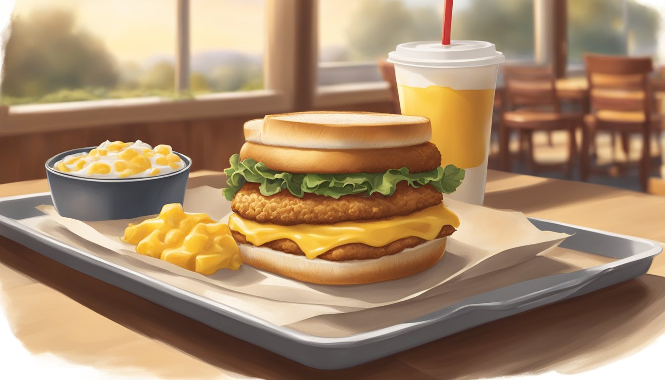 A sunny morning at Chick-fil-A, with a golden breakfast filet sandwich on a tray, surrounded by a warm, inviting atmosphere