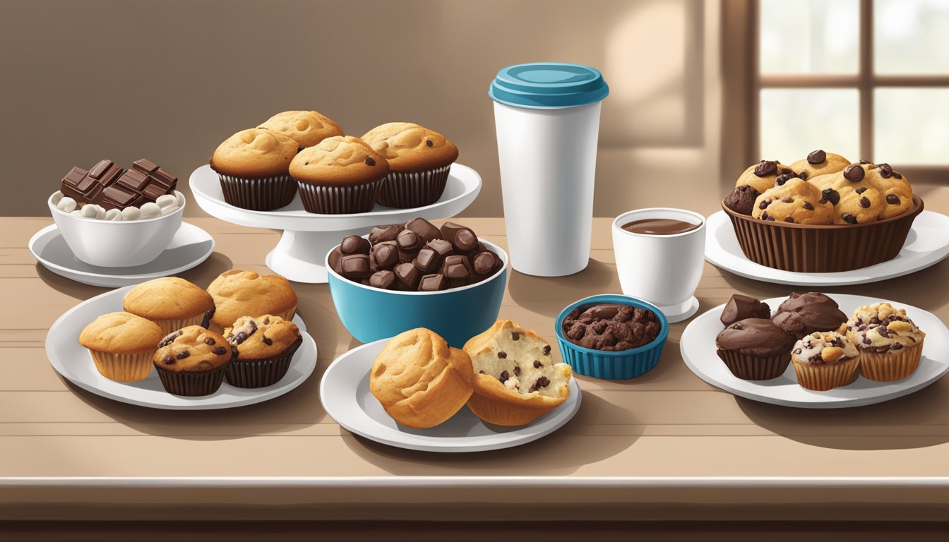 A table with a variety of chocolate chunk muffins and breakfast items from Chick-fil-A displayed in an organized and appetizing manner