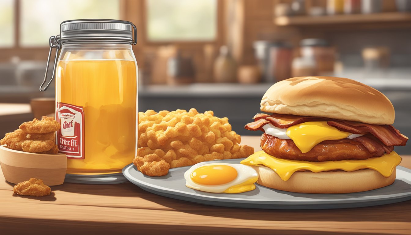 A sizzling bacon, egg, and cheese biscuit sits next to a jar of honey on a wooden table, with a Chick-fil-A logo in the background