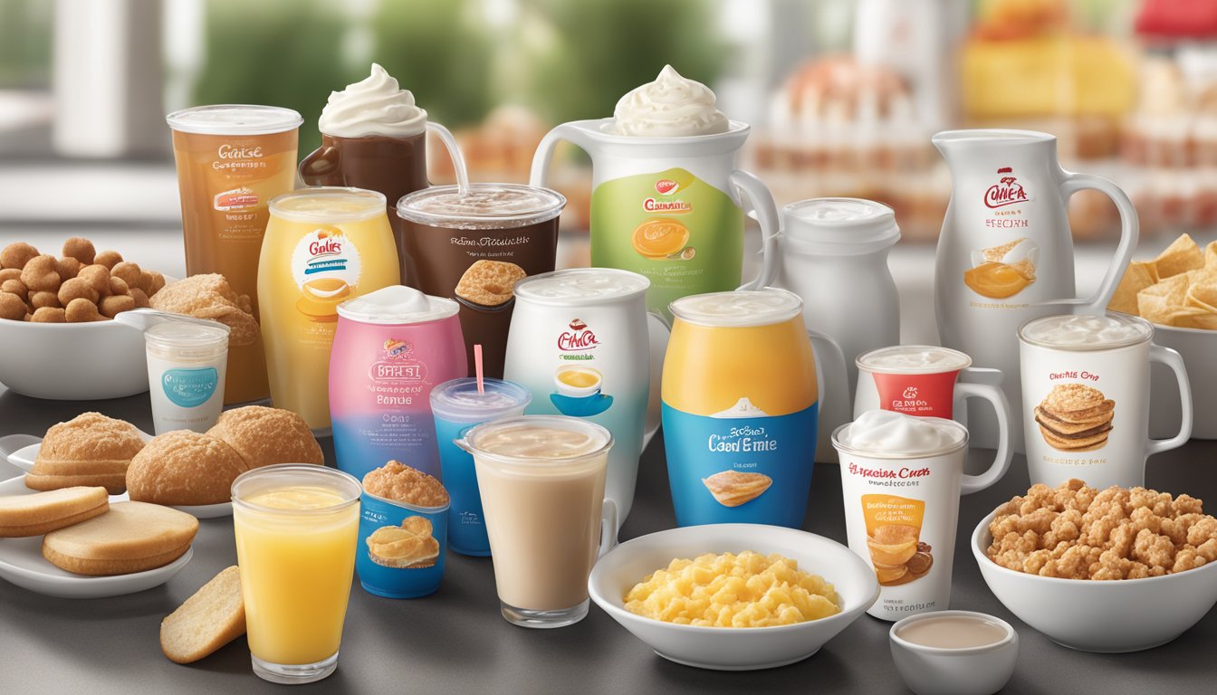 A colorful array of flavored creamer options displayed next to a variety of breakfast items at Chick-fil-A, showcasing the evolution of the menu over the years