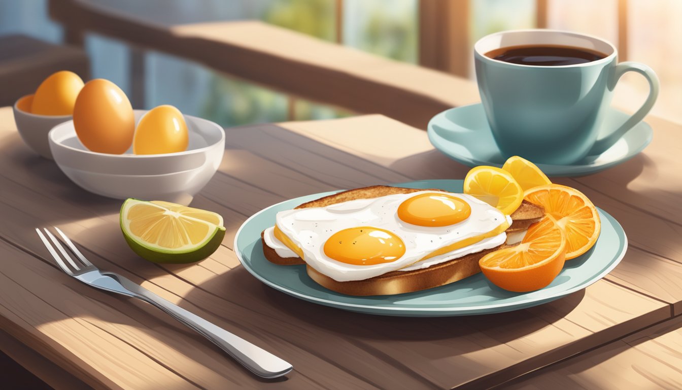 A plate with an Egg White Grill sandwich, fruit cup, and coffee on a wooden table in soft morning light