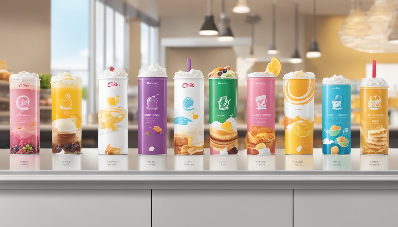 A colorful array of breakfast drink options displayed on a modern, sleek counter with the Chick-fil-A logo prominently featured