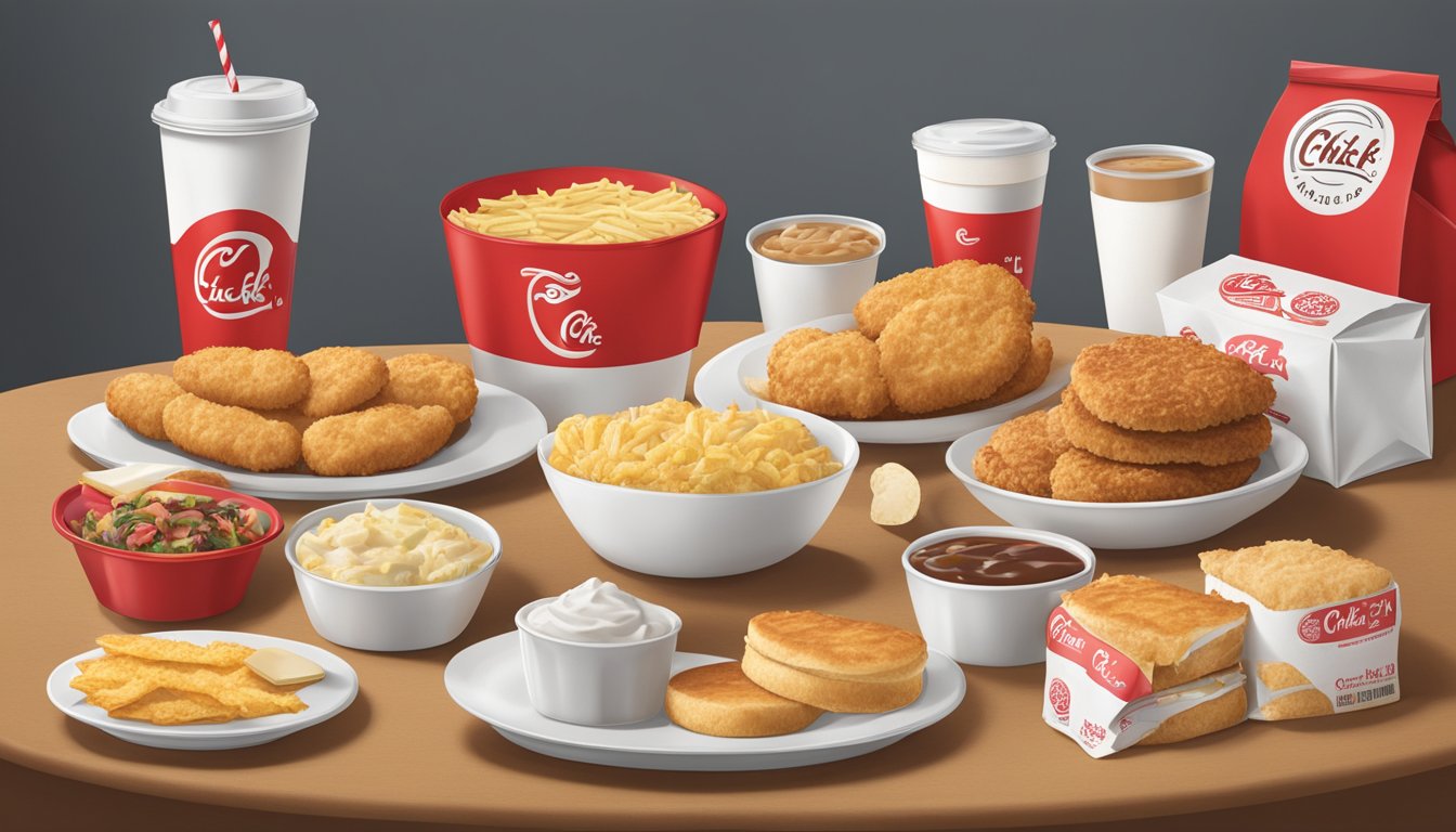 A table set with 13 different breakfast items from Chick-fil-A, including biscuits, hash browns, and sandwiches, surrounded by the iconic red and white packaging