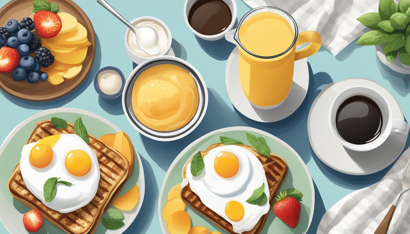 A vegetarian breakfast spread with an Egg White Grill, fruit, yogurt, and coffee on a table