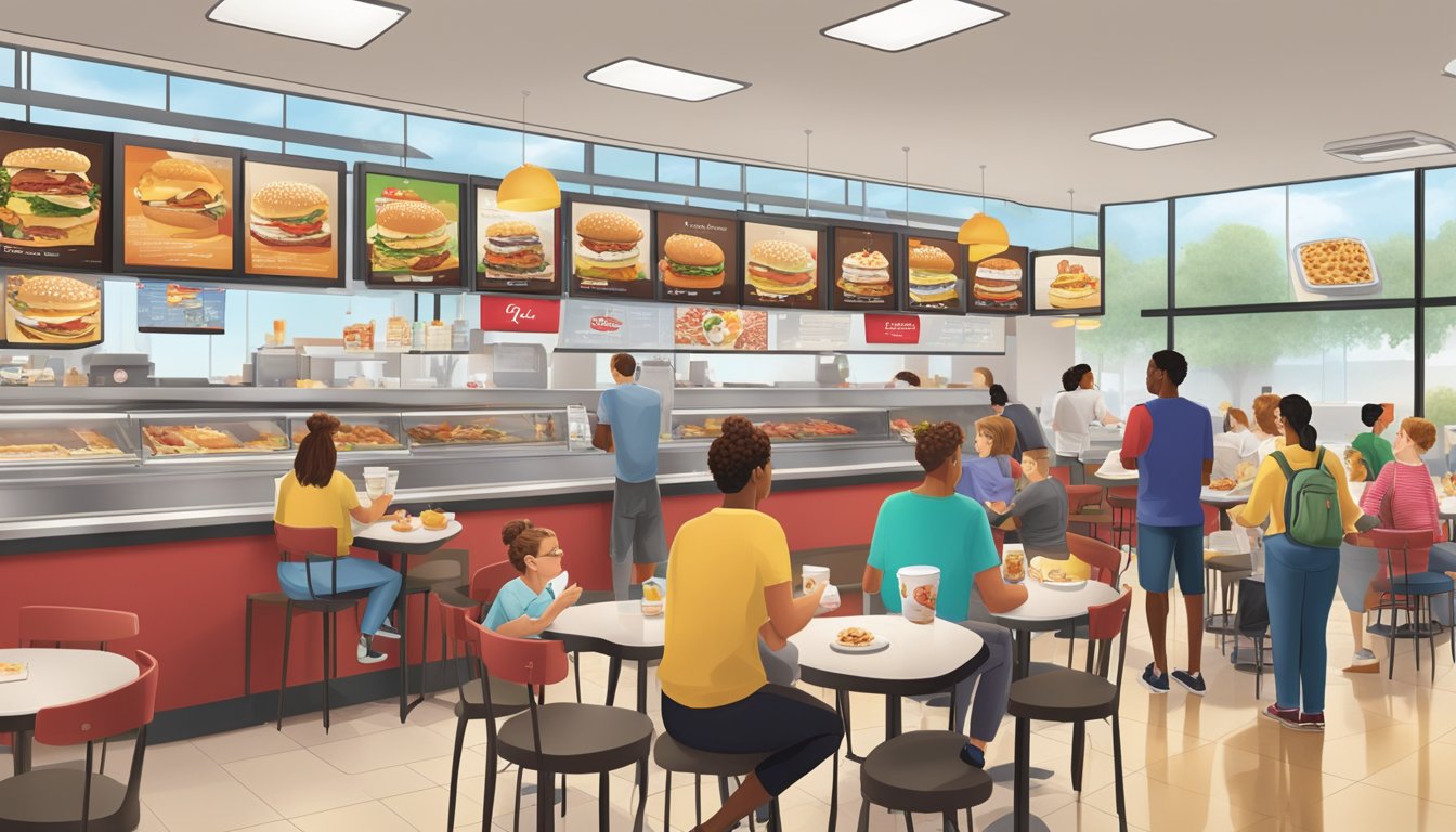 A bustling Chick-fil-A restaurant during breakfast hours, with a variety of menu items displayed on a colorful and inviting menu board. Customers are seen ordering and enjoying their meals at tables