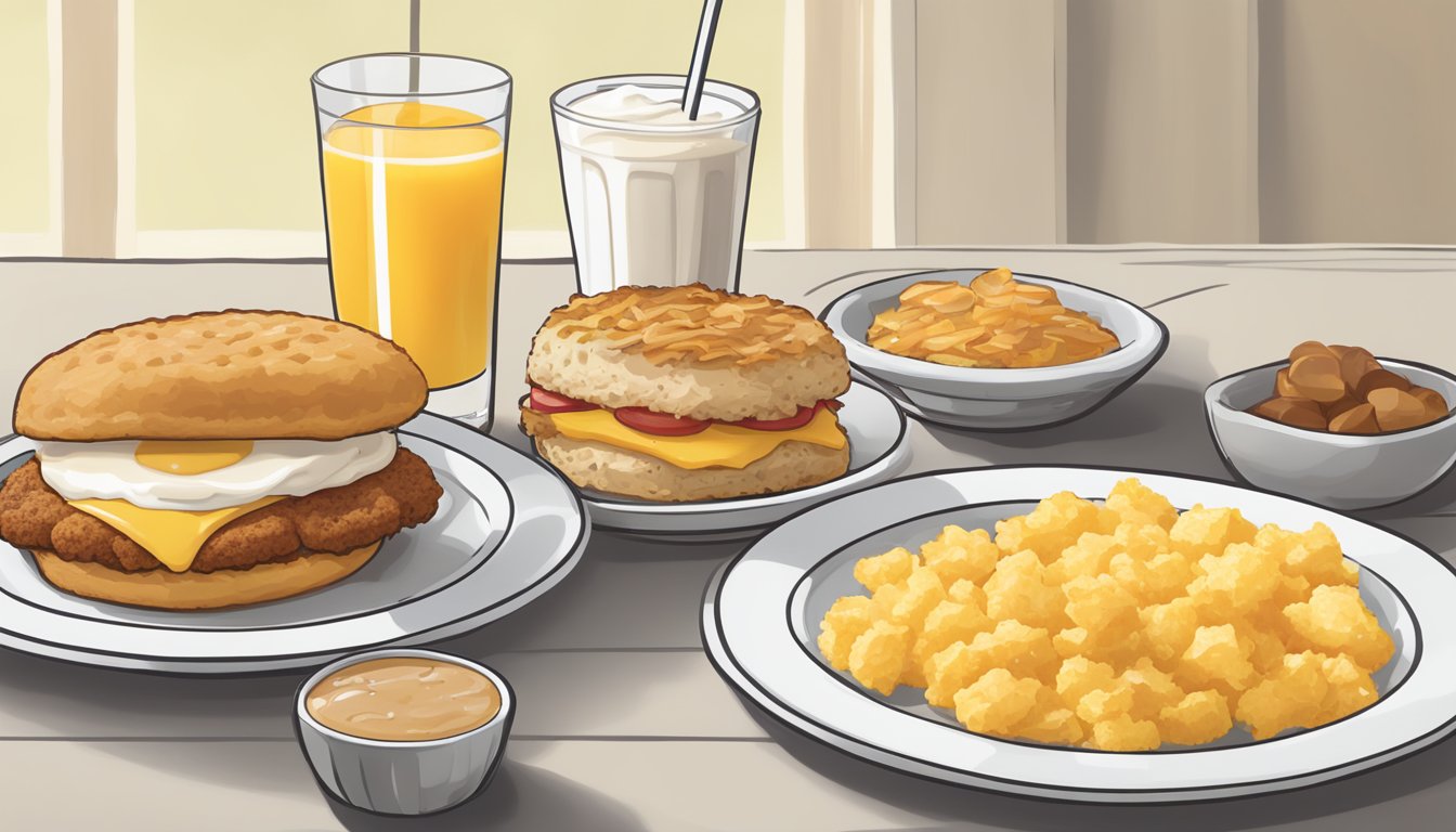 A table set with 5 Chick-fil-A breakfast meals, including biscuits, hash browns, and fruit, alongside a glass of orange juice and a protein shake