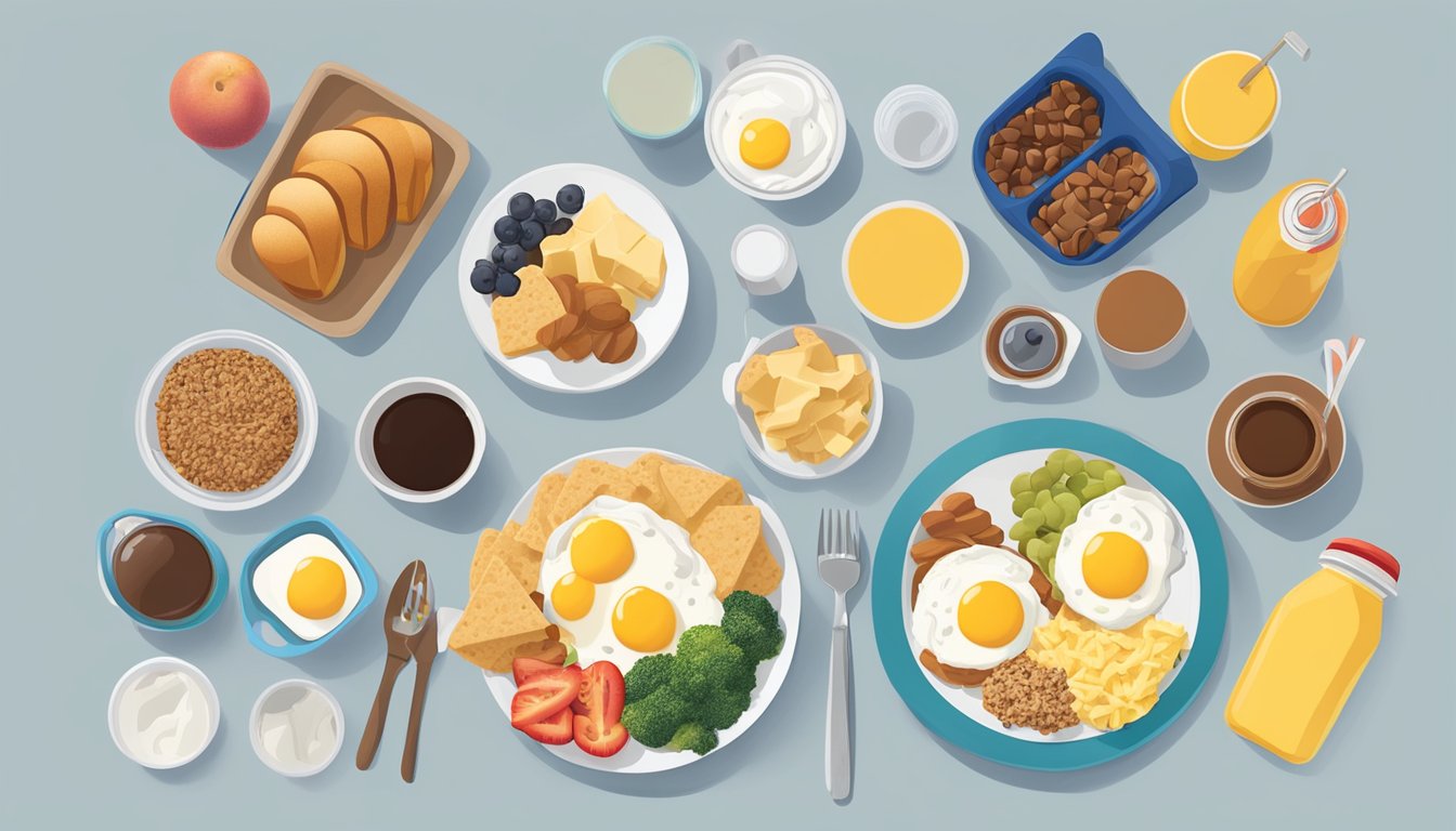 A table with 5 Chick-fil-A breakfast meals and a variety of macronutrient-rich foods like eggs, fruit, and whole grains, surrounded by workout gear and water bottles