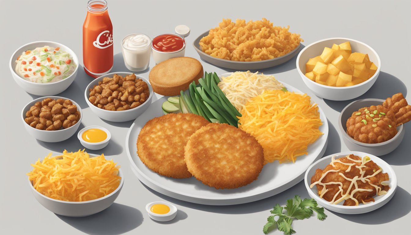 A plate of golden hash browns drizzled with sriracha sauce, surrounded by a variety of vegetarian breakfast items from Chick-fil-A