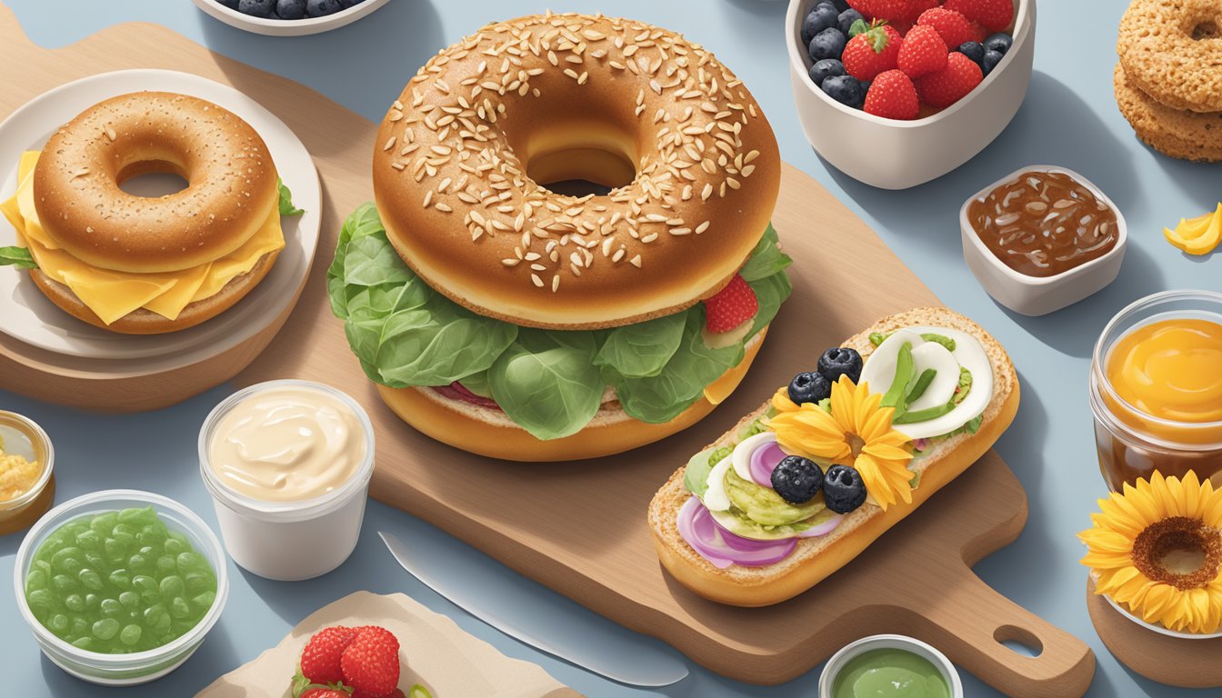 A sunflower multigrain bagel topped with jelly surrounded by six creatively crafted vegetarian breakfast items from the Chick-fil-A menu