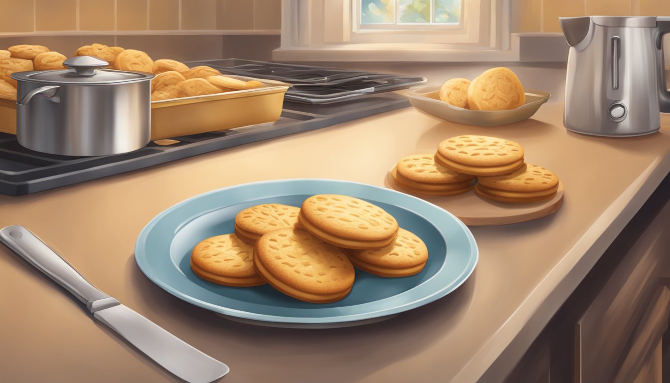 A kitchen counter with a plate of golden-brown, freshly baked biscuits, surrounded by a warm, inviting atmosphere