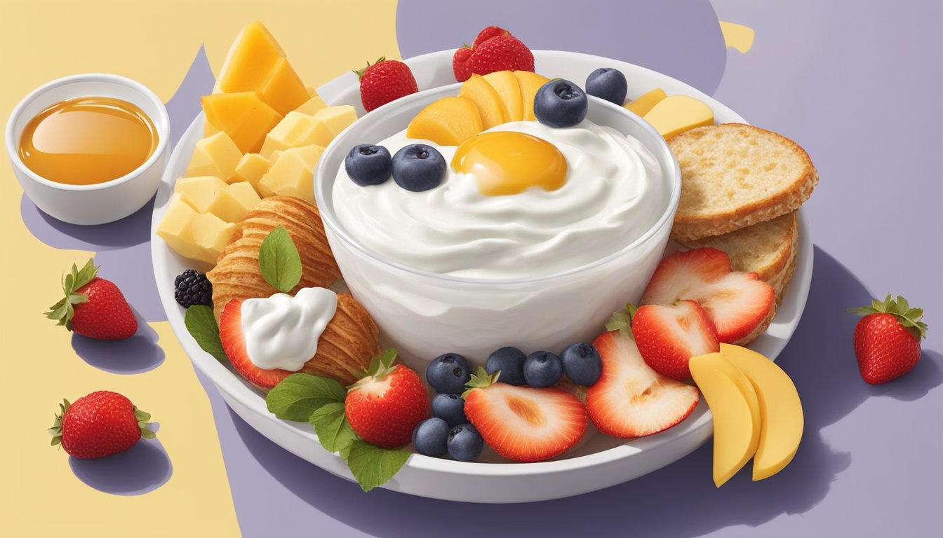 A bowl of Greek yogurt layered with fresh fruit and drizzled with honey, surrounded by six Chick-fil-A breakfast items creatively arranged