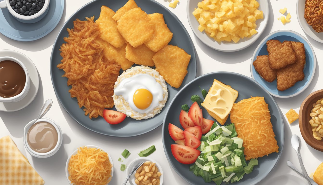 A plate of golden hash browns surrounded by a variety of gluten-free breakfast items from Chick-fil-A's menu