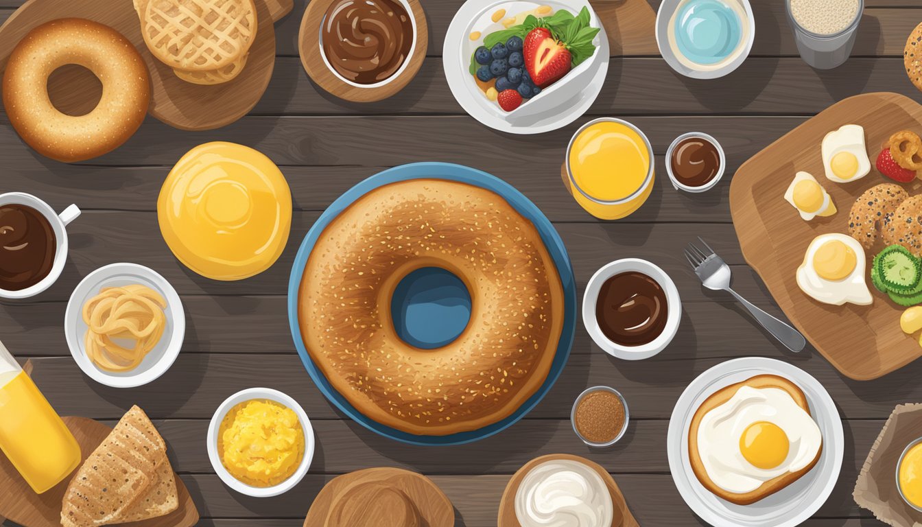 A colorful array of gluten-free breakfast items displayed on a rustic wooden table, including a sunflower multigrain bagel and seven Chick-fil-A menu items