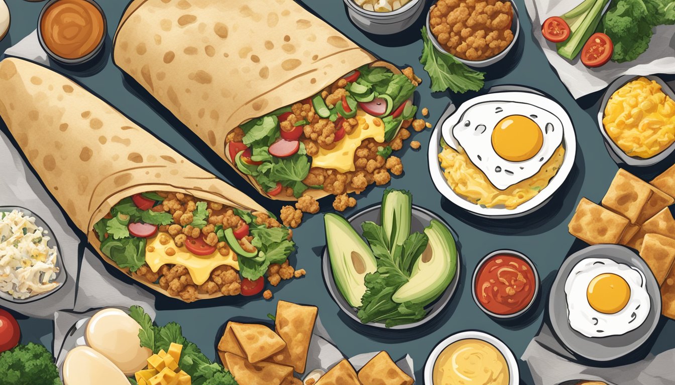 A breakfast burrito with eggs, cheese, and vegetables, surrounded by six unique Chick-fil-A breakfast items modified for vegetarians