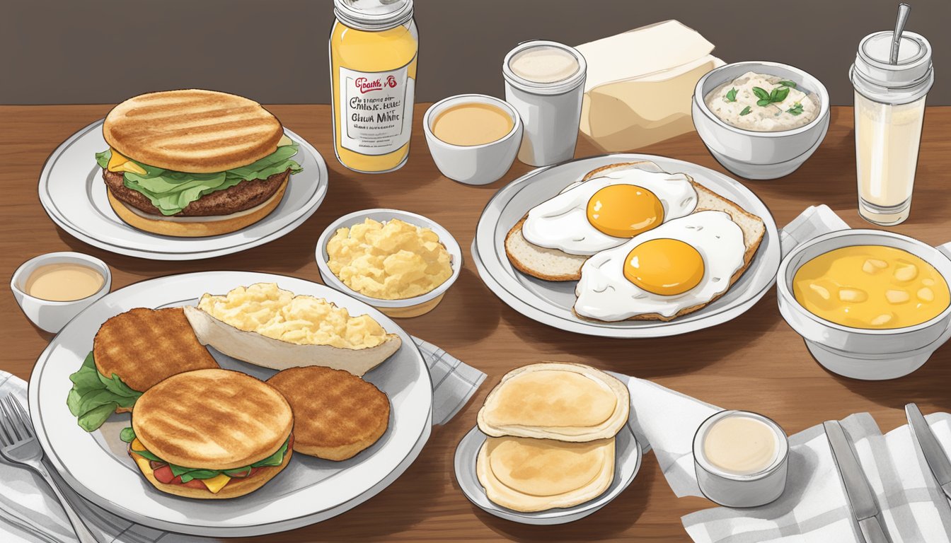 A breakfast plate with an Egg White Grill, no English muffin, surrounded by 6 other gluten-free Chick-fil-A menu items